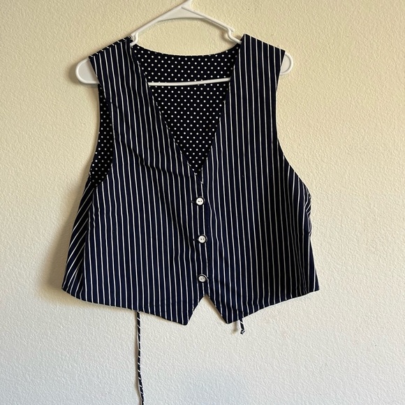 Handmade reversible Three Button Vest navy blue and white polka dots & stripes - Picture 1 of 8